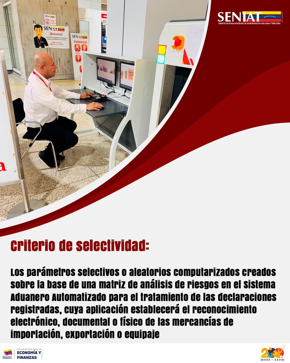 SENIAT_Oficial's tweet photo. El Criterio de Selectividad es la base de un control aduanero moderno. 🇻🇪❤️

Gracias a una matriz de análisis de riesgos automatizada, se garantiza un proceso justo y técnico para el reconocimiento de mercancías y equipaje.

#Seniat #Venezuela https://t.co/WJccZq2kPo