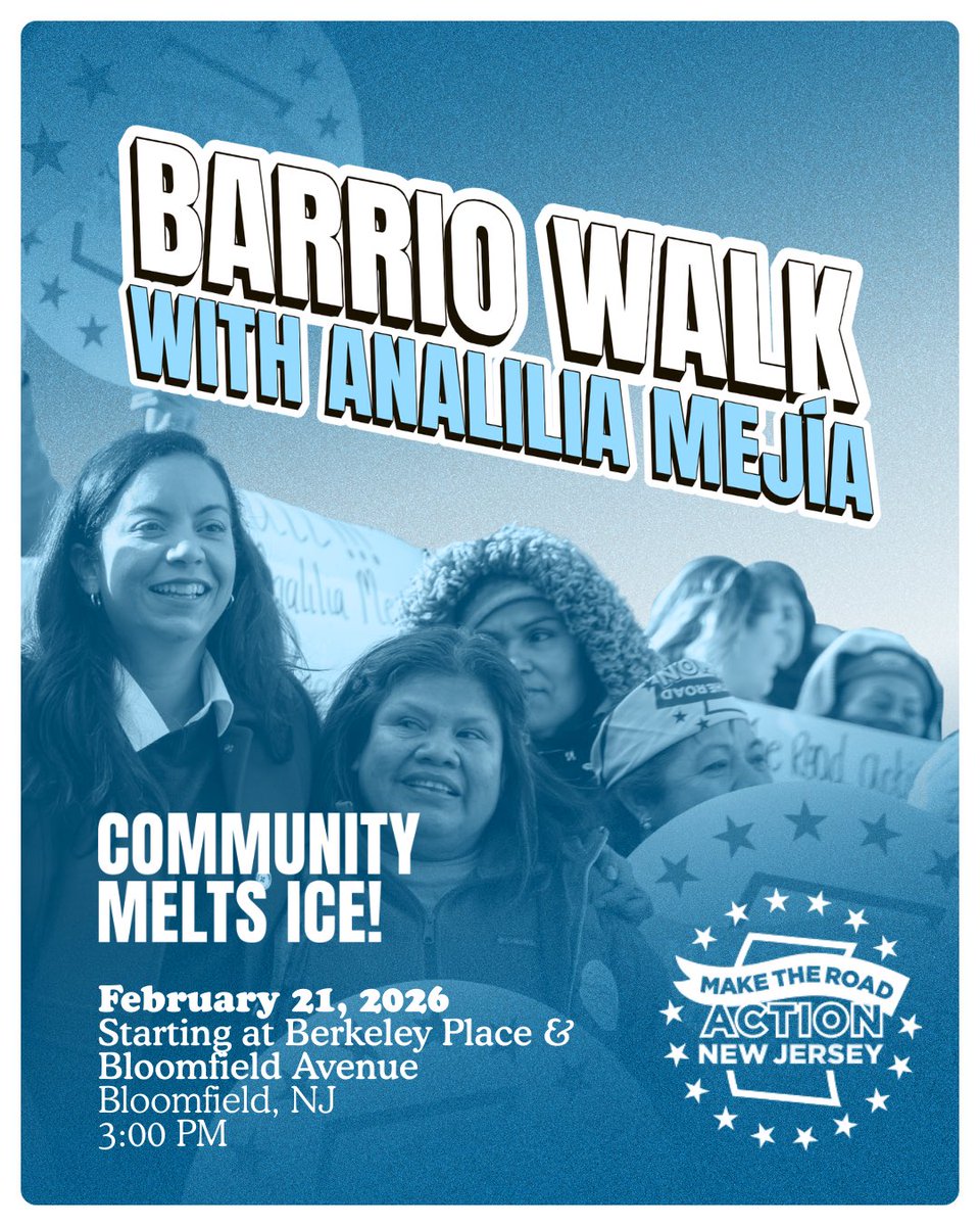 JOIN US: Alongside <a href="/AnaliliaForNJ/">Analilia Mejia for NJ</a>, we're getting the word out to small businesses about their rights when interacting with ICE. Register here to prepare ahead: secure.ngpvan.com/OHCOXkLqFkGD6D…

🗓️ Sat., February 21, 2026
⌚️3 p.m.
📍Starting at Berkeley Pl. &amp; Bloomfield Ave. in Bloomfield