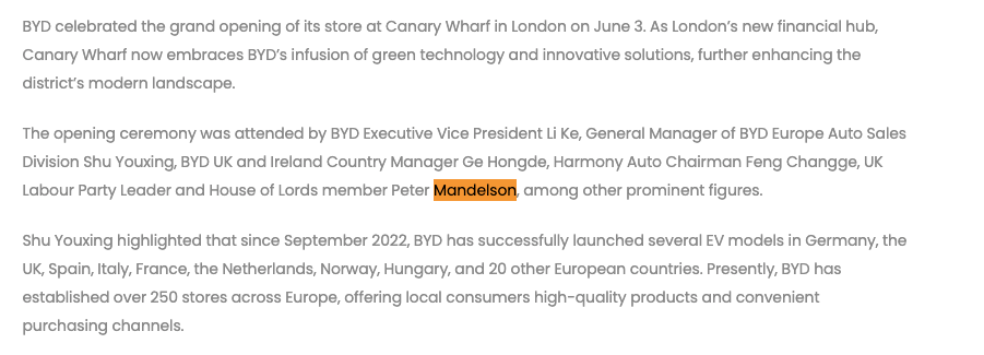 lukedepulford's tweet photo. I am convinced that Peter Mandelson is at least part of the reason the UK did not impose tariffs on Chinese Electric Vehicles, when all our allies were doing it. 

Here's him in 2024 at a BYD event. 👇

Another national scandal waiting to break. Anyone with info, pls reach out. https://t.co/bqtVYIoak3