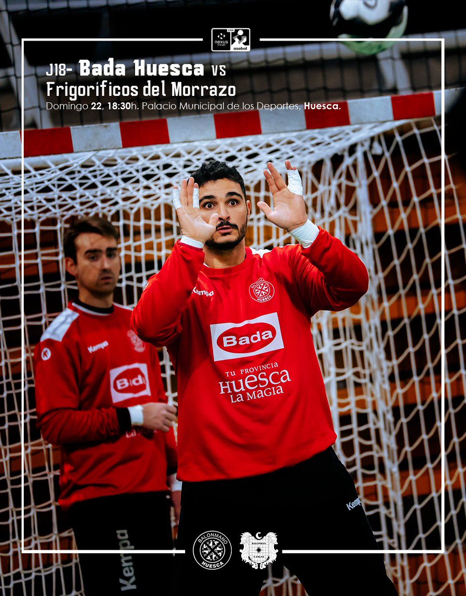 BmHuesca's tweet photo. ¡𝗘𝗹 𝗱𝗼𝗺𝗶𝗻𝗴𝗼, 𝗲𝘀 𝗱𝗼𝗺𝗶𝗻𝗴𝗼 𝗱𝗲 𝗕𝗮𝗱𝗮 𝗲𝗻 𝗲𝗹 𝗣𝗮𝗹𝗮𝗰𝗶𝗼!🤾🏽‍♂️

🗓️ Domingo 22 de febrero, 18:30h.
📍 Palacio de los Deportes de Huesca
🆚 FRIGORÍFICOS DEL MORRAZO

¡𝗧𝗲 𝗲𝘀𝗽𝗲𝗿𝗮𝗺𝗼𝘀!🫂

 #VenVolveras #EntaltoPalacio 👣 #BadaHuesca #HuescaLaMagia https://t.co/W8czPg7GyC