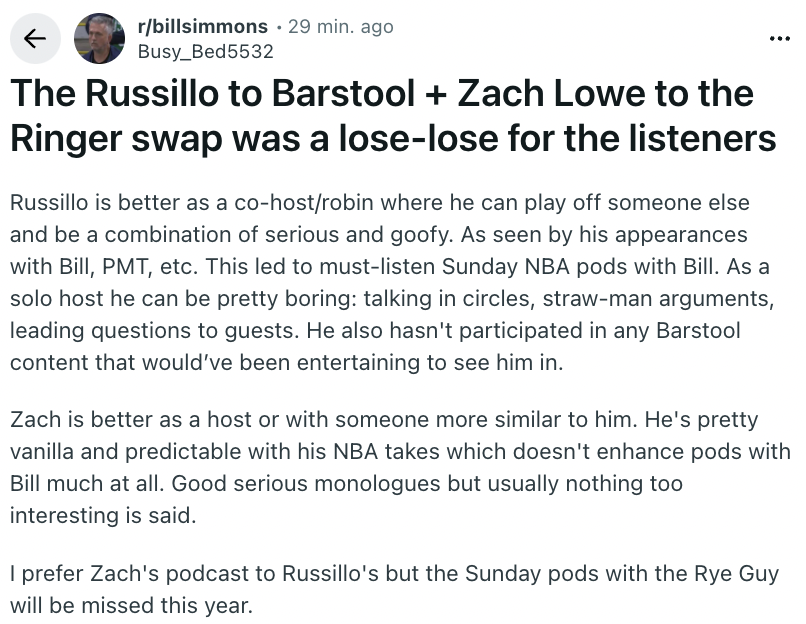 The r/BillSimmons Podcast tweet media