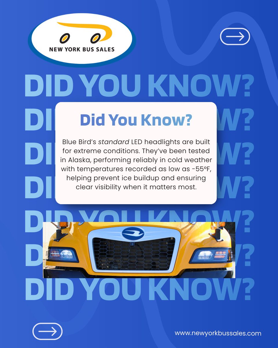 nybussales's tweet image. ❄️ Cold weather concerns? We’ve got answers.
Blue Bird's LED headlights were tested in Alaska to address ice buildup and cold-weather performance, and they held up in temperatures down to -55°F. Built to shine, no matter the forecast.

#LEDlights #bluebird #tested #winter #nybs