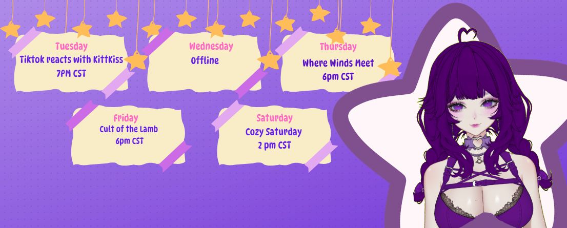My lovely Starlights, we've got another schedule for this week! Saturday game is still tbd but it will be a cozy game! There will also be a super special event on Saturday to watch out for after stream!