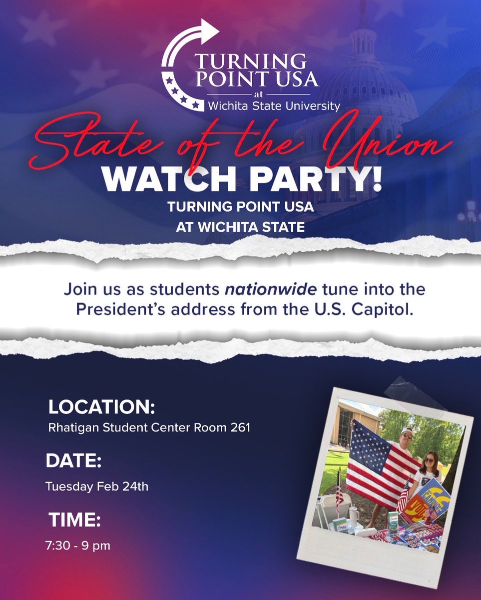 TPUSA_Wichita's tweet photo. Mark your calendars! Our next meeting will be a watch party for the State of the Union address!

Dinner will be provided by one of our amazing chapter members!

Tuesday, February 24th
7:30-9:00pm
RSC, Room 261

We hope to see you there! 🫶 https://t.co/EUJheRxCPe