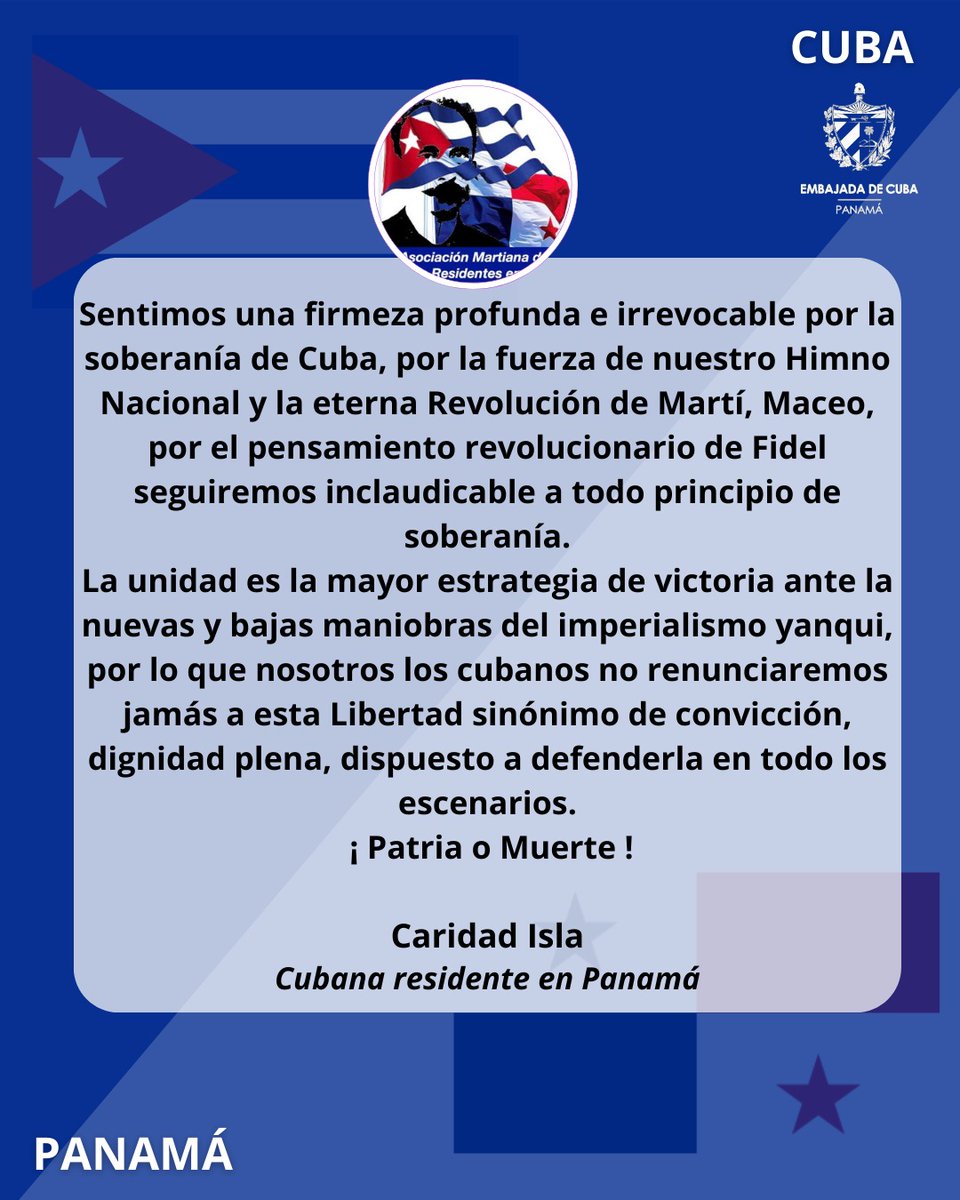 🗣"La actual juventud cubana no renunciaras jamás a nuestra historia"

🗣" La unidad es la mayor estrategia de victoria ante las nuevas y bajas maniobras del imperialismo yanqui"

Así manifiestan los cubanos residentes en #Panamá,  su rotundo rechazo a la orden ejecutiva de Trump