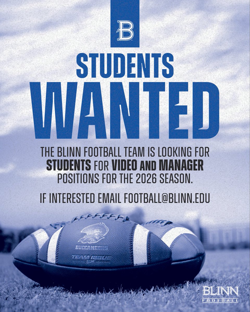 BLINNFBRECRUIT's tweet image. Blinn Football is looking for a few highly motivated students to help during the 2026 season!! Must be an enrolled - current or incoming student🔵⚪️⚔️🏴‍☠️