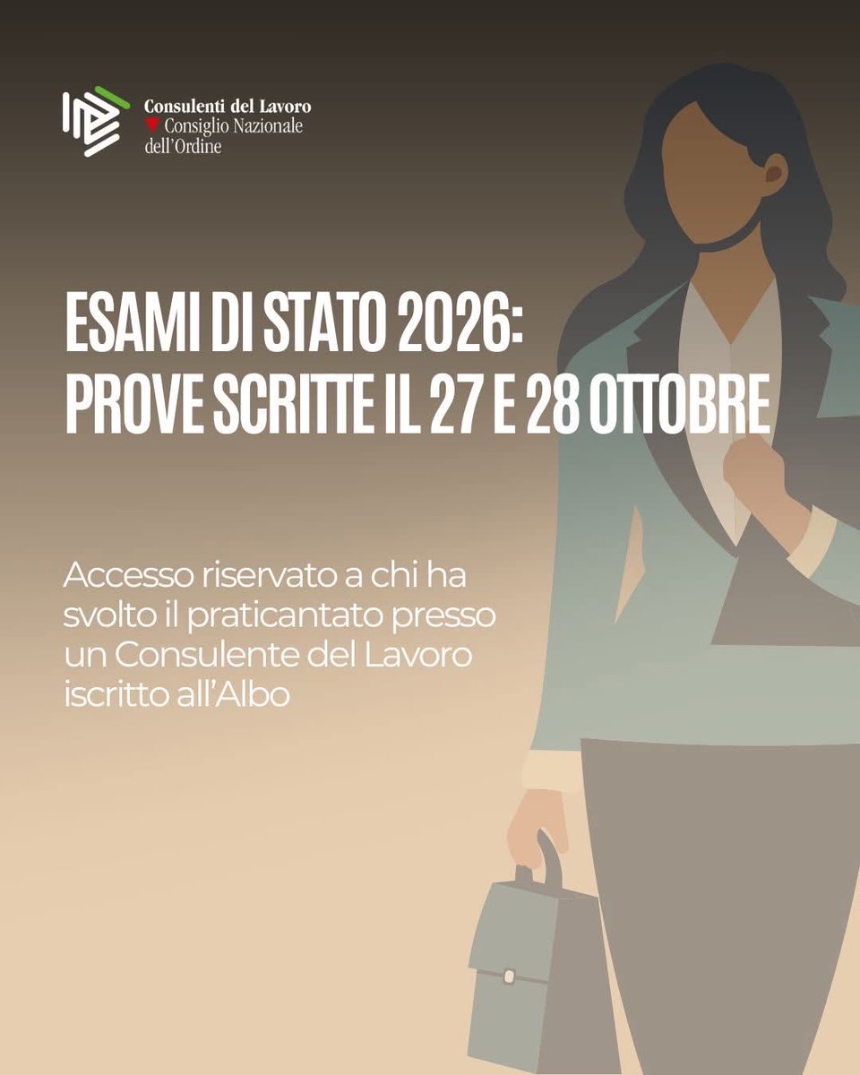 Fissate le date delle prove scritte degli Esami di Stato 2026 per l’abilitazione alla professione di Consulente del Lavoro: appuntamento il 27 e 28 ottobre 2026 <a href="/ConsulentiLavor/">ConsulentiLavoro</a>
consulentidellavoro.it/home/storico-a…