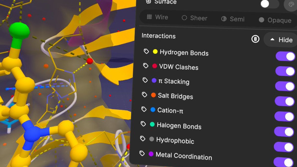 nanome_inc's tweet photo. See every chemical interaction in XR
Nanome v2.4 introduces native chemical interaction calculations.
H-bonds. Salt bridges. π-stacking. Halogen bonds. Hydrophobic. Metal coordination. VDW clashes.
Move your ligand and watch interactions update instantly. https://t.co/4wVXbJ0Gv3