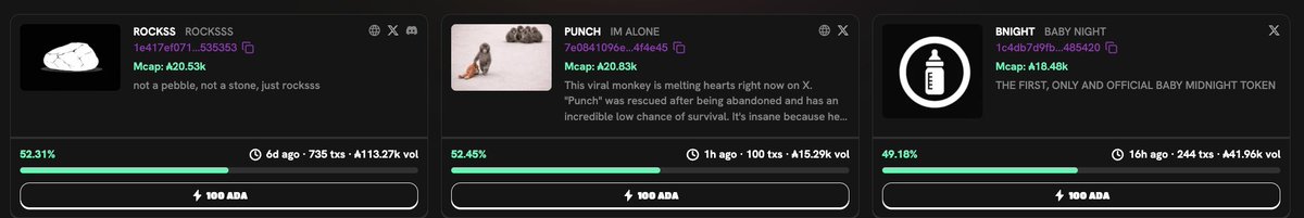 Which one of these 3 will be the first to bond 🤔 <a href="/snekdotfun/">Snek.fun</a> <a href="/goofy_crisp/">Goofycrisp</a> <a href="/CardanoRami/">Rami</a>