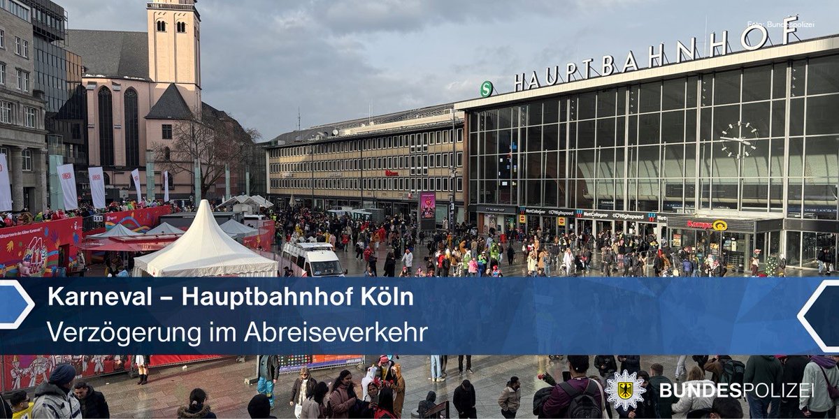bpol_nrw's tweet photo. Aufgrund des #Gewitters staut es sich im Bereich des Hauptbahnhofs Köln.
Nutzt auch umliegende Bahnhöfe zur #Abreise und kommt sicher nach Hause! 👮🏼
*RE
#bundespolizei #rosenmontag https://t.co/HFd51FeHTX