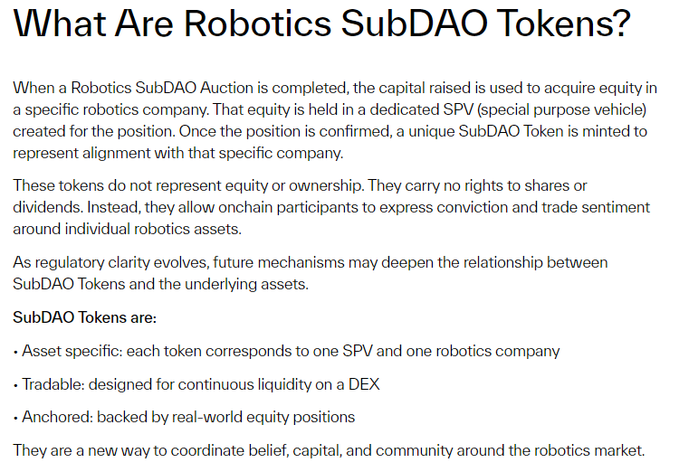 0xmortan's tweet photo. last week, i talked about robotic capital market concept and how it can drive a better roi for onchain users.

and one of the rcm option is the tokenization of robotic assets (let say tokenization of pre IPO shares).

how would this work?
* using @xmaquina model to explain in details*.

think it this way:
- xmaquina goes to source for a private robotic project with a potential investment capitalization on it "yet launched" equity

- the asset was bought at a large quantity and at a fixed price (using subdao auction funds)

- which will be transferred or made available within their rcm protocol (where we all can buy into this equity)

remember i said subdao auction & tokens? 
- so, for every auction with capital raised, the protocol buys a specific robotic assets.

- this equity is held in a mechanism called spv, which is like the position of the asset in xmaquina rcm (you grab?)

- now, a token will be minted to represent this asset tagged as "subdao tokens" and it will be given a name

- let call this subdao token $neura, which will be opened for trade and a liquidity position on specified dex.

- these tokens are paired to only $DEUS (the native token of the xmaquina rcm)

- now, with this token accessible for trading, anyone with liquidity can purchase this subdao token nd automatically own a piece of the equity.

- where can you trade these? think pumpfun and virtual (demo not yet out)

in a simple format
subdao auction = capital = equity = subdao token = tradable asset.

while still digging deep into this mechanism and how it will drive x1000 roi, it is to note: no dividend applies to these tokens.

what your opinion on this?