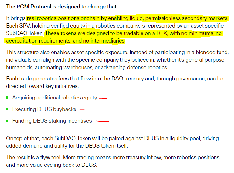 0xmortan's tweet photo. last week, i talked about robotic capital market concept and how it can drive a better roi for onchain users.

and one of the rcm option is the tokenization of robotic assets (let say tokenization of pre IPO shares).

how would this work?
* using @xmaquina model to explain in details*.

think it this way:
- xmaquina goes to source for a private robotic project with a potential investment capitalization on it "yet launched" equity

- the asset was bought at a large quantity and at a fixed price (using subdao auction funds)

- which will be transferred or made available within their rcm protocol (where we all can buy into this equity)

remember i said subdao auction & tokens? 
- so, for every auction with capital raised, the protocol buys a specific robotic assets.

- this equity is held in a mechanism called spv, which is like the position of the asset in xmaquina rcm (you grab?)

- now, a token will be minted to represent this asset tagged as "subdao tokens" and it will be given a name

- let call this subdao token $neura, which will be opened for trade and a liquidity position on specified dex.

- these tokens are paired to only $DEUS (the native token of the xmaquina rcm)

- now, with this token accessible for trading, anyone with liquidity can purchase this subdao token nd automatically own a piece of the equity.

- where can you trade these? think pumpfun and virtual (demo not yet out)

in a simple format
subdao auction = capital = equity = subdao token = tradable asset.

while still digging deep into this mechanism and how it will drive x1000 roi, it is to note: no dividend applies to these tokens.

what your opinion on this?
