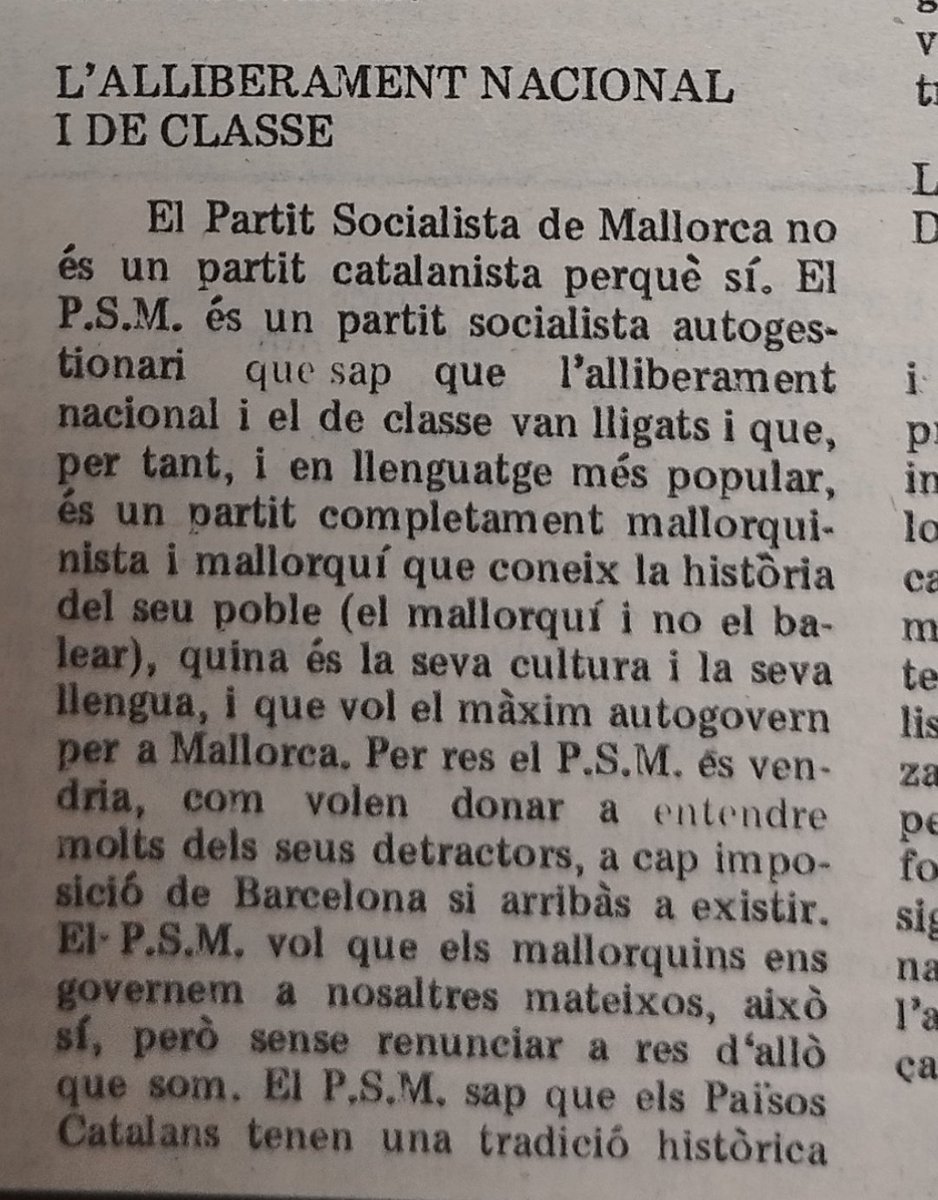 bielxiu's tweet photo. Ara que ha fet 50 anys de la fundació del PSM, recuper això que va escriure Bartomeu Carrió al número de "Mallorca Socialista" corresponent al febrer de 1982. Què voleu que vos digui? Si hi ha un espai polític que ha intentat ser coherent, amb errors com tothom, ha estat aquest. https://t.co/H6FmcyaLI8