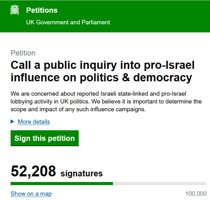 TweeterReynolds's tweet image. This is a screenshot. The link is suppressed by most social media companies. All have strong links to Israel. Please go to the petitions website, search for and sign the petition. Let's beat the algorithm and the censorship. Let's get this to 100k signatures and force a debate.
