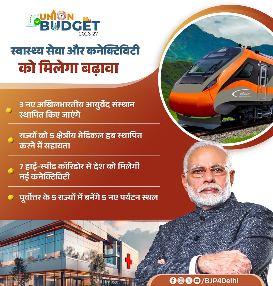 BJP4Delhi's tweet photo. नए आयुर्वेद संस्थान, मेडिकल हब, हाई-स्पीड कॉरिडोर से मिलेगी विकास की नई रफ्तार।

#ViksitBharatBudget https://t.co/0lqEZ4WoJu