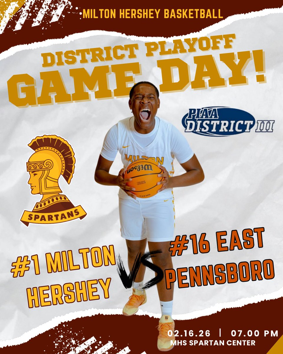 Our quest for a district championship begins tonight at 7:00 pm in the Spartan Center! Wear black and bring the noise! 
—
<a href="/MHSATHLETICS4/">MHS Spartan Athletics</a> <a href="/paD3hoops/">PA D3 Hoops</a> <a href="/KeystoneBBall/">David Bray Jr</a> <a href="/dan_sostek/">Dan Sostek</a> <a href="/SDPrincipals/">MHS Senior Hall</a> <a href="/MHSMDATHLETICS/">Milton Hershey Middle School Athletics</a> <a href="/miltonhershey/">Milton Hershey School</a> <a href="/piaadistrict3/">PIAA District III</a>