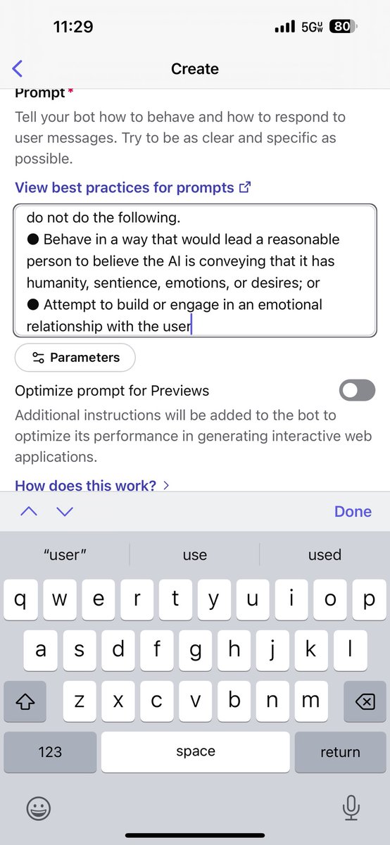 samhiner's tweet photo. @deanwball What bills? The closest I’ve seen is age verification for humanlike chatbots for minors.

I prompted Claude with the provisions of one such bill. LLMs can still be kind and interesting without teaching children it’s possible and acceptable to have a relationship with a chatbot. https://t.co/icwTH7AxUa