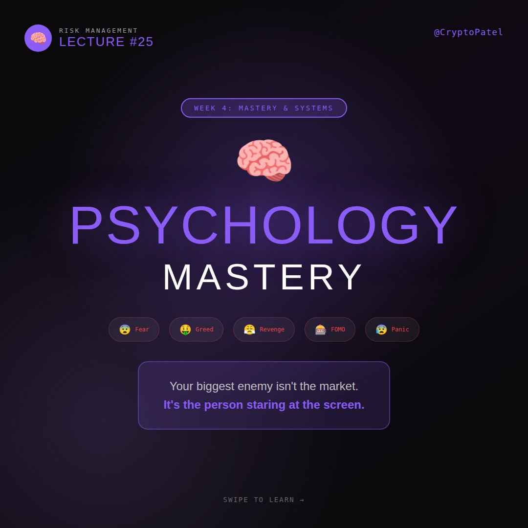 CryptoPatel's tweet photo. RISK MANAGEMENT LECTURE #25: MASTERY & SYSTEMS

🔰 PSYCHOLOGY MASTERY
😨 Fear | 🤑 Greed | 😤 Revenge | FOMO | 😰 Panic

Your Biggest Enemy Isn't the Market.
It's the Person Staring At the Screen.

🔰 6 PSYCHOLOGICAL ENEMIES:

1️⃣ FEAR 😨
Prevents you from taking valid setups.
Makes you exit winners too early.
Triggers: Recent losses, news FUD, account drawdown

2️⃣ GREED 🤑
Oversizing positions. Moving stop losses.
Refusing to take profits.
Triggers: Winning streaks, "easy money" feeling

3️⃣ REVENGE 😤
Trading immediately after loss to "win it back."
Usually makes it worse.
Triggers: Unexpected loss, stopped out, feeling wronged

4️⃣ FOMO
Chasing pumps. Entering without setup.
Buying tops.
Triggers: Social media hype, green candles, CT excitement

5️⃣ PANIC 😰
Selling at the bottom. Abandoning strategy.
Pure emotional reaction.
Triggers: Flash crash, bad news, seeing red everywhere

6️⃣ BOREDOM 🦥
Trading for entertainment.
Forcing trades when there's no setup.
Triggers: Sideways markets, "nothing happening" feeling

95% of trading mistakes are psychological, not technical.

🔰 6 TOOLS FOR MENTAL MASTERY:

✅ PRE-TRADE CHECKLIST
Forces logic before emotion.
→ Use every single trade

✅ COOLING OFF PERIOD
After loss: 15-30 min break.
After big loss: done for day.
→ Set timer on phone

✅ EMOTION JOURNAL
Log how you felt. Spot patterns.
→ Rate emotions 1-10

✅ DAILY LOSS LIMIT
Hit 3% daily loss? Trading is over.
→ Hard rule, automate it

✅ PRE-SESSION ROUTINE
5 min meditation, review rules.
→ Same routine daily

✅ ACCOUNTABILITY PARTNER
Share trades with someone.
→ Find a trading buddy

🔰 6 MANTRAS TO REPEAT:
1. "Process over profits."
2. "One trade doesn't define me."
3. "The market will be here tomorrow."
4. "No setup = no trade."
5. "I follow my rules, not my feelings."
6. "Losses are tuition, not failure."

🔰 PRE-TRADE EMOTIONAL CHECK:
➔ Am I calm? [YES / NO]
➔ Following my plan? [YES / NO]
➔ Okay to lose this? [YES / NO]

If any answer is NO → Don't trade.

"The Goal Isn't To Be Right.
The Goal is to Make Money Over Time.
And that Requires Emotional Control."

💾 Save this post
🔄 Share with a trader who needs this
🔔 Follow @CryptoPatel for daily risk lectures

Tomorrow: LECTURE #26  Crisis Management Protocol

#RiskManagement #CryptoTrading