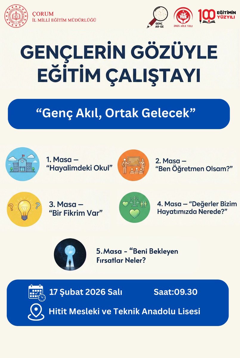 Çorum İl Milli Eğitim Müdürlüğü olarak “Gençlerin Gözüyle Eğitim Çalıştayı”, öğrencilerimizin fikirlerini özgürce ifade edeceği, eğitimi gençlerin bakış açısıyla değerlendirdiği anlamlı bir buluşmayla gerçekleştirilecek.
<a href="/tcmeb/">Millî Eğitim Bakanlığı</a> 
<a href="/ayhanozturkmeb/">Ayhan Öztürk</a> 
<a href="/CemilCaglar60/">Cemil Çağlar</a> 
<a href="/Corum19MEM/">Çorum İl Milli Eğitim Müdürlüğü</a>
