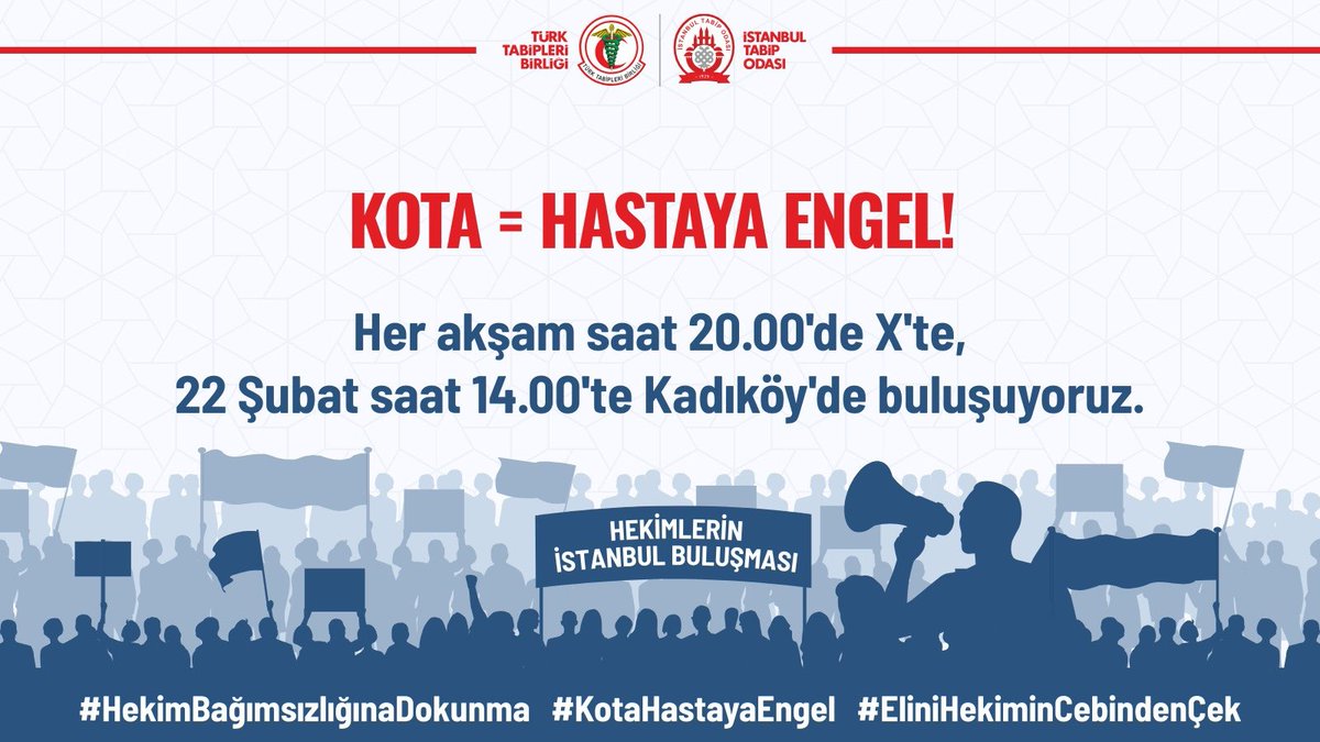 Hastalarımız hekimini, hekimler de hastanesini özgürce seçebilmeli. KOTA  uygulaması , hem hastanın hem hekiminin bağımsızlığına engeldir. Sağlıkta ‘BAĞIMLILIK’ kötüdür… 

#HekimBağımsızlığınaDokunma #KotaHastayaEngel #EliniHekiminCebindenÇek