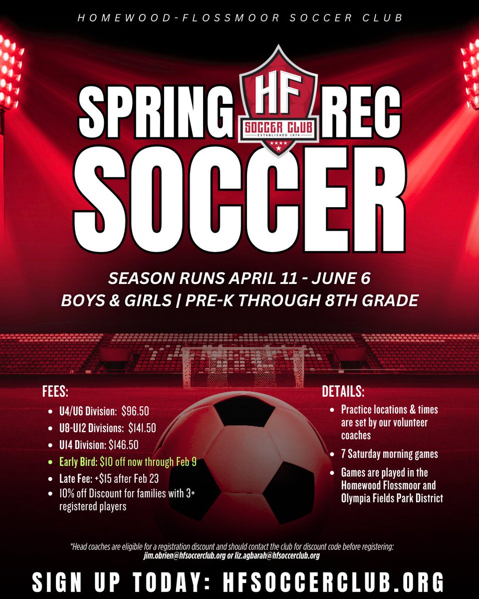 HFSoccerClub1's tweet photo. Spring soccer season is calling!  📣 ⚽
Open to boys &amp; girls Pre-K–8th grade with games kicking off this April.

Spots fill fast — sign up today!
🔗 https://t.co/rlCv4f2Tym https://t.co/3u2TYYPrzt