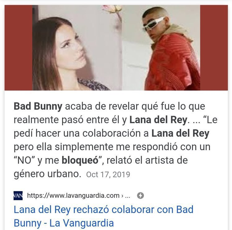 con todo esto de bad bunny me acordé de cuando lana del rey rechazó colaborar con él y luego lo bloqueó jkjajsjf HONOR