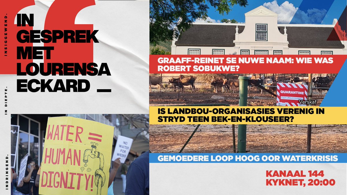 kykNETtv's tweet image. Vanaand op #InGesprek: Reaksie op bek-en-klouseer, dr. Danie Odendaal oor sy verwydering van die ministeriële taakspan, en Graaff-Reinet se nuwe naam.

Skakel in om 20:00 net op #kykNET @DStv kanaal 144 of stroom op #DStvStream.