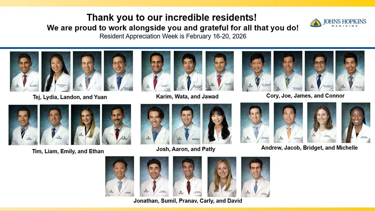 HopkinsNsurg's tweet photo. Happy Resident Appreciation Week! 🧠💙
Thank you to our outstanding neurosurgery residents for your tireless dedication, compassion and commitment to excellence in patient care. Your skill, focus and teamwork change lives every day.  We are truly grateful for all that you do! https://t.co/am5ry8v8Pj