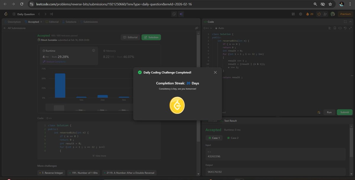 r_sontakke__07's tweet photo. Day 20 #Leetcode Streak
Discipline and only Discipline ..

Reverse bit ( easy )

just use for loop over 32 bits and using ( &amp; | logical operator ) to calculate the bit operation and push into the result.
#DSA #100DayOfCode https://t.co/BU3sGzqySK