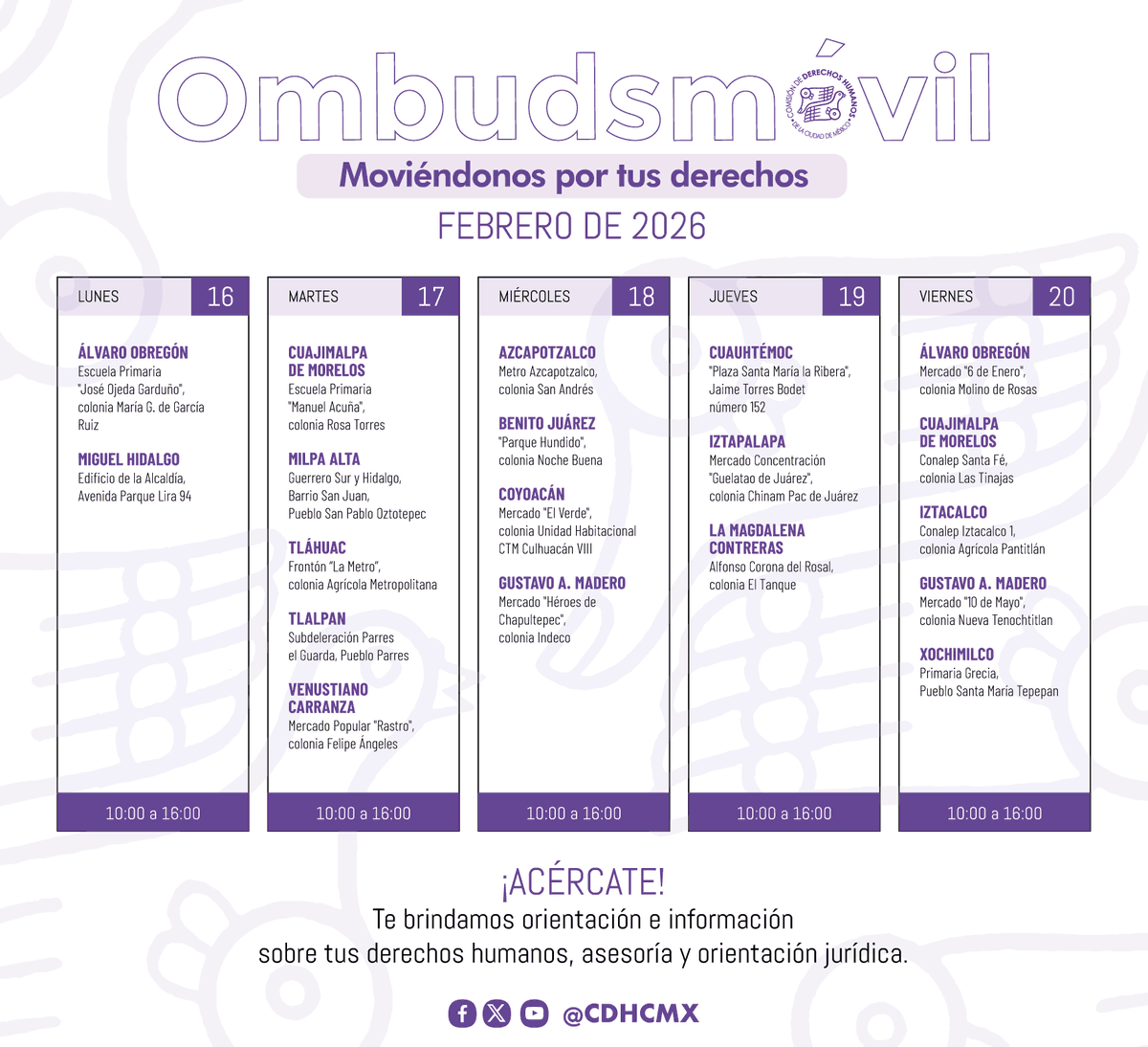 🚐 ¡Acércate a nuestras unidades #Ombudsmóvil!

👉 En ellas encuentras orientación y otros servicios que ofrecemos completamente gratis.

📍 Te compartimos ubicaciones y horarios:
cdhcm.org.mx/delegaciones-d…