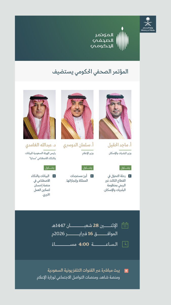 تشرّفت اليوم بحضور #المؤتمر_الصحفي_الحكومي الذي استضاف أصحاب المعالي الوزراء ، وهناك - في خاطري - كلمة إنصاف يجب أن تُقال :
ما نشهده من إبهار في محتوى هذا المؤتمر في كل نسخة تُشكر عليه وزارة الإعلام ومسؤوليها بلا شك ، إلّا أن في الكواليس هناك جهد مشرّف يبذله شباب سعوديون بكل