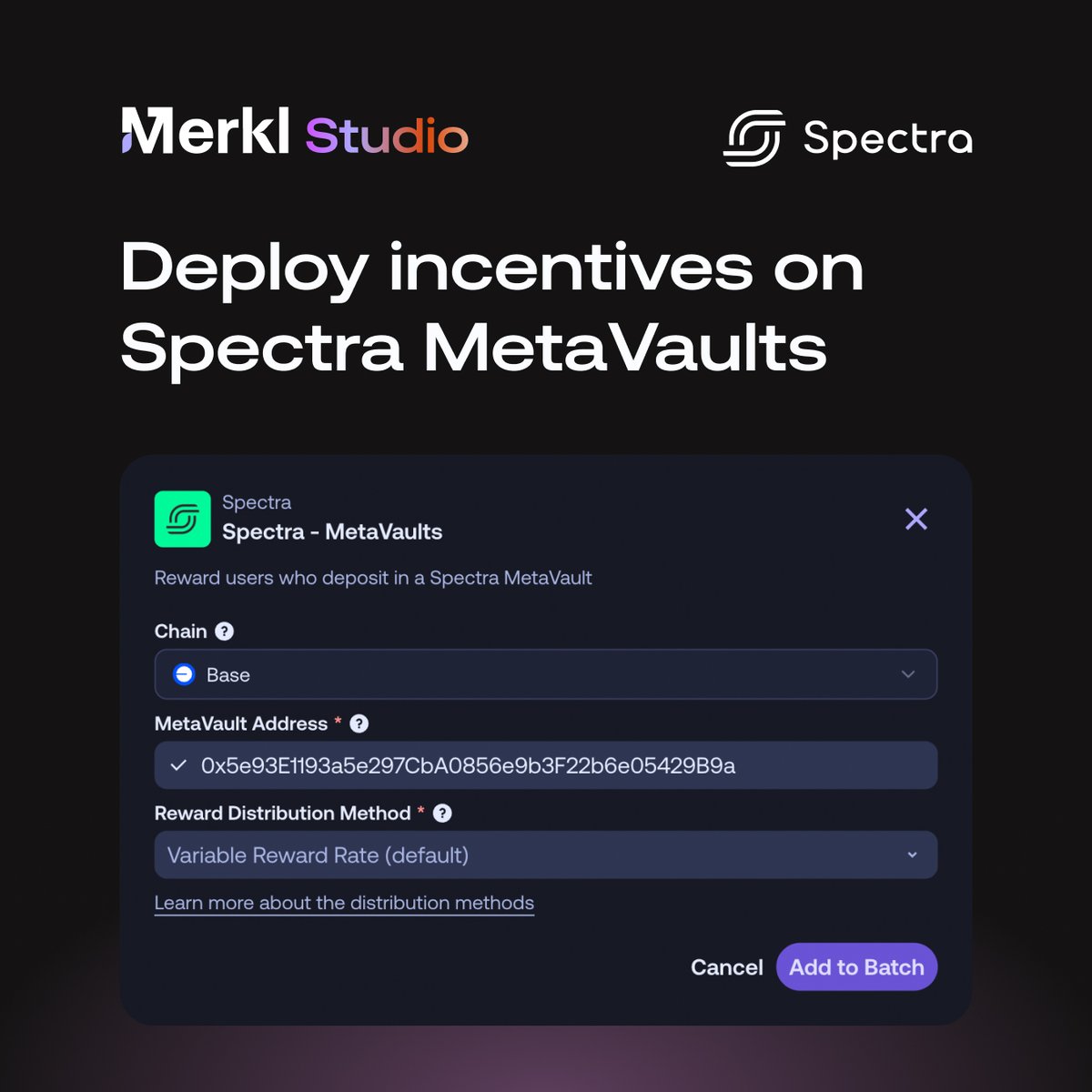 merkl_xyz's tweet photo. We now support @spectra_finance MetaVaults!

You can now distribute rewards to users who deposit liquidity into Spectra MetaVaults.

All in just a few clicks, directly from Merkl Studio ⤵︎ https://t.co/Yu72ETnnWT