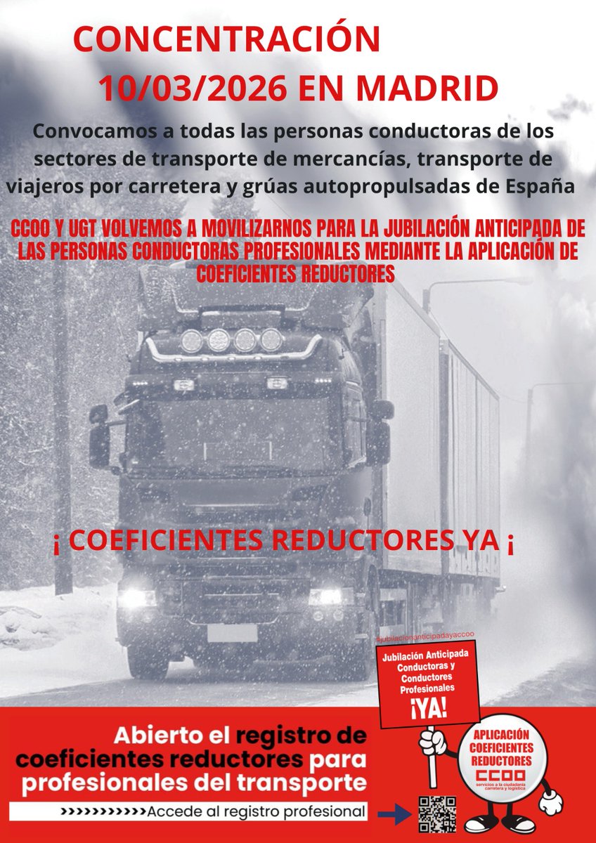 🚨 #CCOO Y #UGT🚨
 VOLVEMOS A MOVILIZARNOS PARA LA JUBILACIÓN ANTICIPADA DE LAS PERSONAS CONDUCTORAS PROFESIONALES MEDIANTE LA APLICACIÓN DE COEFICIENTES REDUCTORES 
#10M
📝 Accede al registro de conductores 🚍 🚛
forms.gle/k7roVtYy2ShLrH…

¡¡Movilización 10 de marzo en Madrid¡