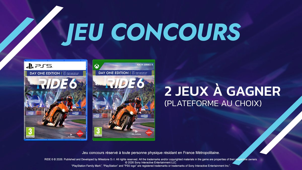 🎁 CONCOURS 🎁
Pour clôturer notre présentation de #RIDE6, on vous fait gagner deux exemplaires du jeu !

Pour participer :
✅ Follow <a href="/PLAION_FR/">PLAION France 🎮</a>
🔁 RT ce post
✍️ Commentez la plateforme de votre choix (PS5 ou Xbox) avec le hashtag #RIDE6

2 gagnants
TAS le 26/02
3,2,1… GO ! 🏁