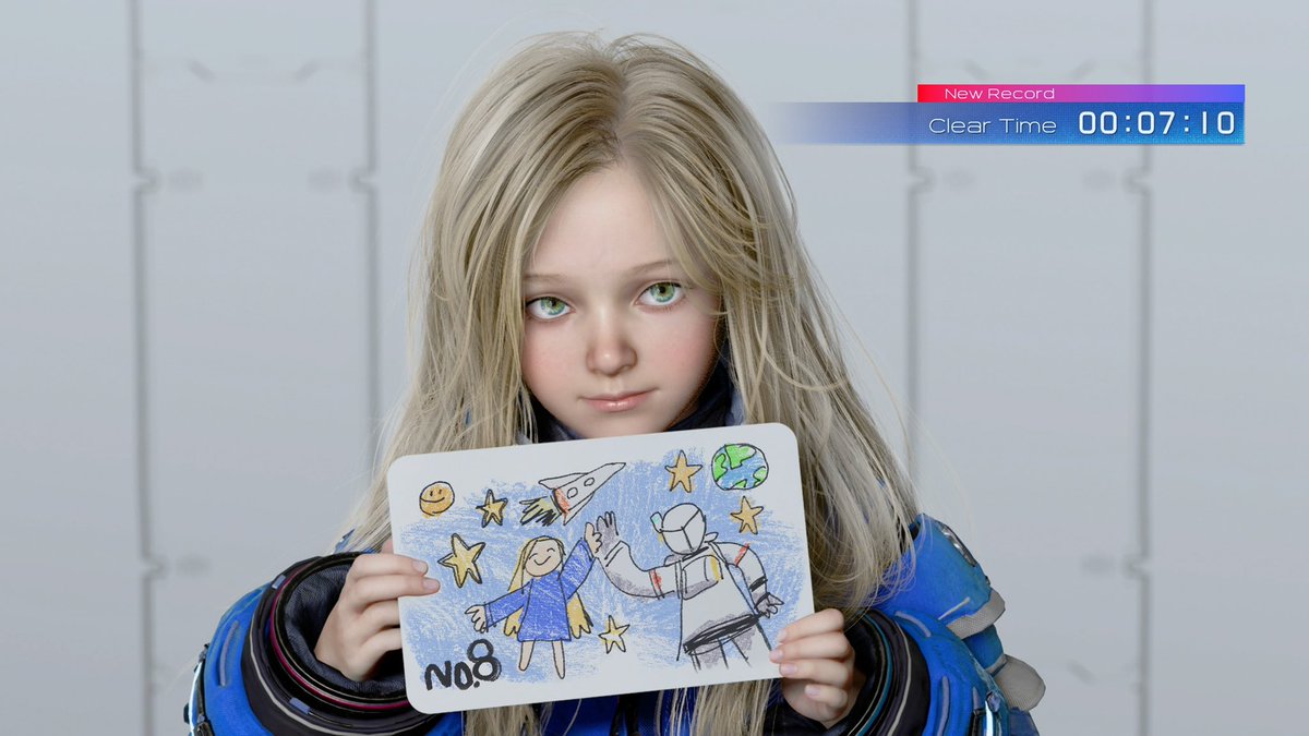 TeddyGamingNet's tweet photo. プラグマタおもろい！体験版のリザルト画面もかわいい。ディアナの絵とナンバーが変わる。最速だと4分切れる？らしい。
#PRAGMATA https://t.co/OWqOrZPAfj