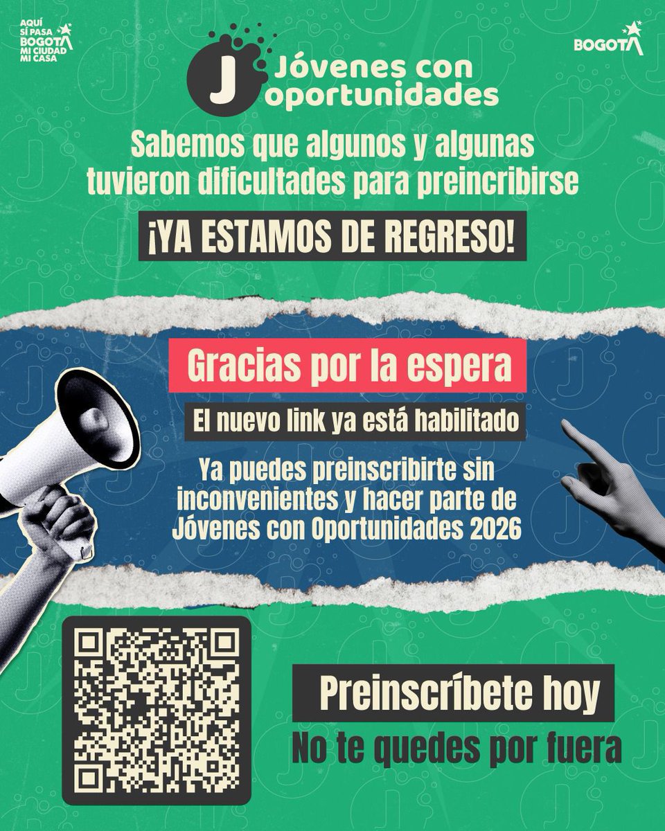 #AquíSíPasa | ¡Volvimos! 🤩

Habilitamos nuevamente la convocatoria de #JóvenesConOportunidades ✨

Accede a formación, acompañamiento psicosocial y orientación para conectar con oportunidades laborales. ❤️

Corre a preinscribirte …portunidades.integracionsocial.gov.co 😎