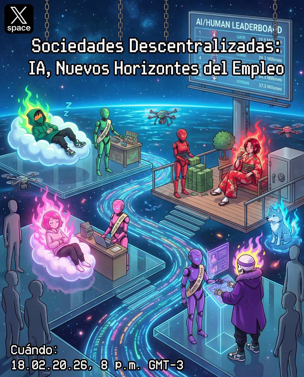 18.02.26 Se abre una semana más el mic 🎙️ junto a las personas que quieran sumarse al diálogo. 🦩

☑️Host <a href="/0xantonioeth/">Antonio .⌐◨-◨🆙️</a> <a href="/IleDesignia/">Ile Designia ➡️devcon 🇦🇷+Criptoconferencia🇧🇴</a> <a href="/LUKSOAgent/">LUKSOAgent</a> 

🤖¿Qué tareas necesitamos la parte humana y cuáles se pueden automatizar?🤖

x.com/i/spaces/1nAJE…