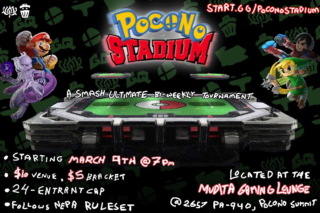 Hello all! Proud to be announcing the return of Mudita's  Smash Bros. tournaments! Their new location was very close to me, and they offered me to TO, so I agreed to. start.gg/poconostadium March 9th @ 7 PM, I hope to see you there!