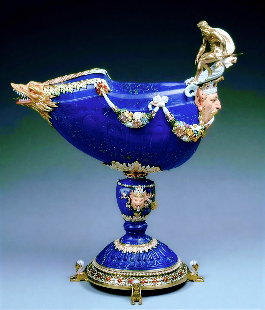 Lapis lazuli vase with enamel details mounted on gold and silver