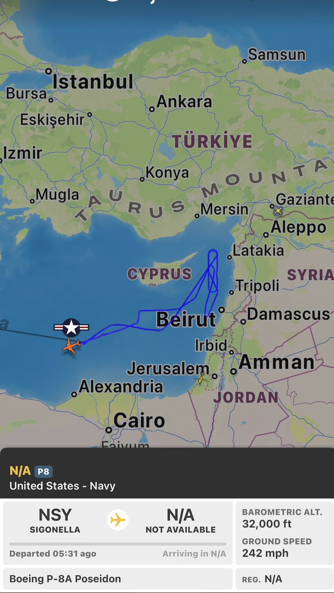 stunorth69's tweet photo. 🇺🇸 #USAF P-8A Poseidon 
#AE67BA 
Catania (LICC) >

Been operating in the location of Beirut now appears to be RTB

@sipjack1776 @Gh0str1dr91 https://t.co/rGnAdAWKOf