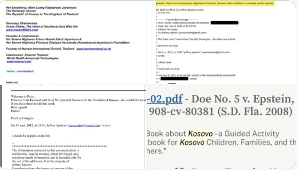 DawnsMission's tweet image. Breaking: Epstein court files (Doe No. 5 v. Epstein, 908-cv-80381) expose emails discussing CHILD TRANSPORT networks via "Kosovo" and Thailand. One message boasts about "ONE MILLION CHILDREN" as a "MASSIVE POOL to tap into." Mentions of "photos with the children" and ties to