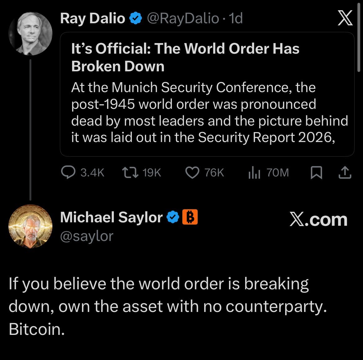 TFTC21's tweet image. Michael Saylor to Ray Dalio: “If you believe the world order is breaking down, own the asset with no counterparty. Bitcoin.”
