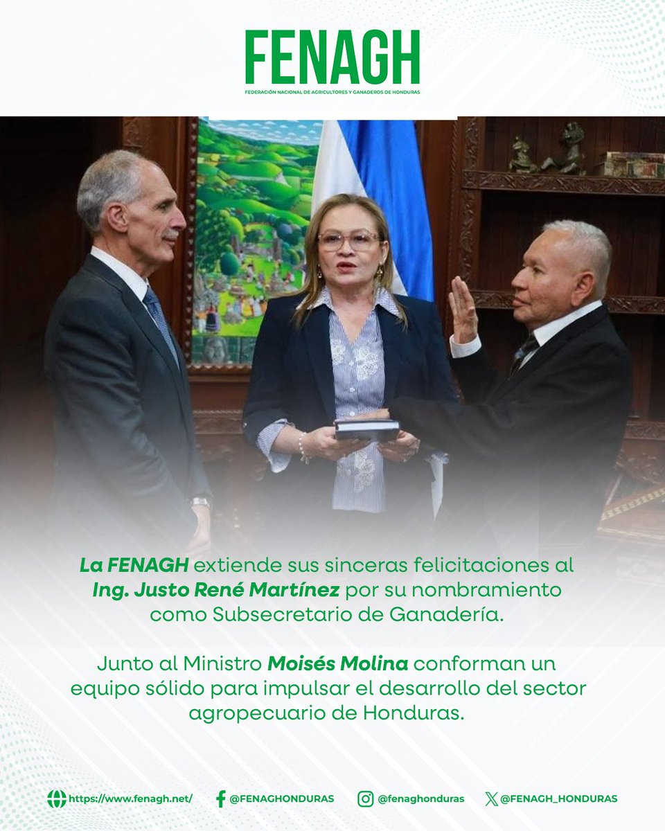 La FENAGH extiende sus sinceras felicitaciones al Ing. Justo René Martínez por su nombramiento como Subsecretario de Ganadería.

Junto al Ministro Moisés Molina conforman un equipo sólido para impulsar el desarrollo del sector agropecuario de Honduras.