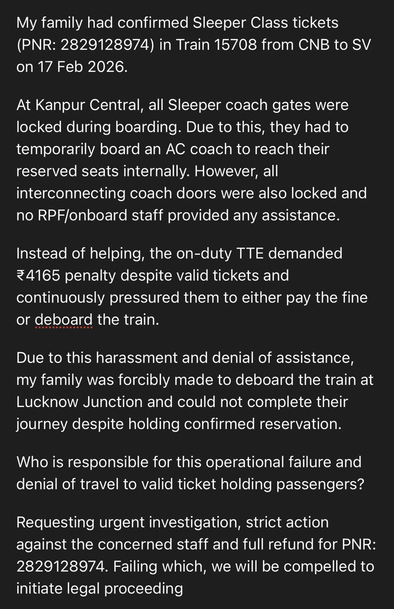 Ayushh23's tweet photo. Forced De-boarding of Valid Ticket Holders from Train 15708 at Lucknow Jn – Urgent Action needed @RailMinIndia @RailwaySeva @IRCTCofficial @drm_lko @NERailwayGKP @RPF_INDIA @AshwiniVaishnaw #IndianRailways
#RailMadad 
#TravelHarassment 
#RailwayComplaint 
#IRCTC
#RailwaySafety https://t.co/NmDCyDoOM6