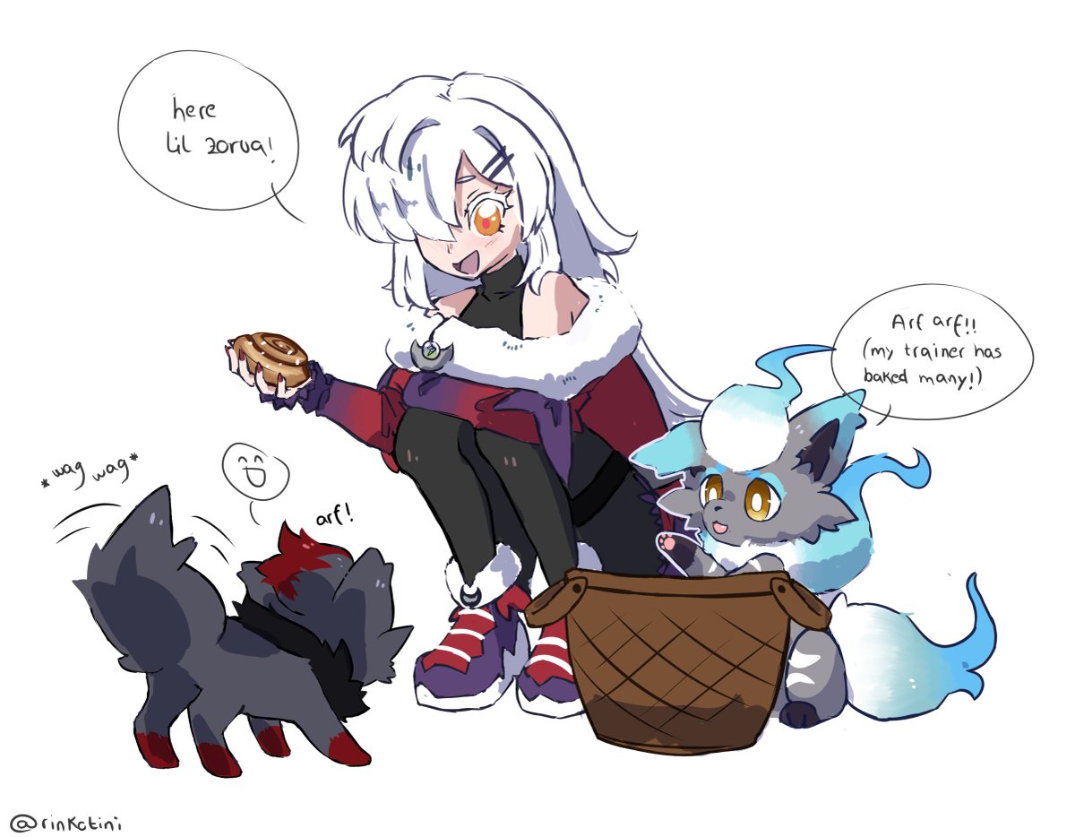 my girl Canela getting spoiled by <a href="/shishi_vvv/">ѕнιro❤💜*.✧</a> with freshly baked goods😌

(pretend that roughly drawn basket is full of buns and stuff)

#Pokemon 
#zorua
#fanart
