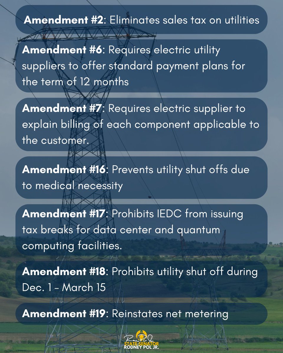 SenRodneyPol's tweet photo. Today, I filed 7 amendments aimed at lowering utility costs, delivering direct and immediate relief, protecting ratepayers, &amp; eliminating tax breaks for data centers.

Unfortunately, all 7 were defeated.

I support any effort that brings genuine relief to Hoosiers. #INForAll https://t.co/k41xANOspd