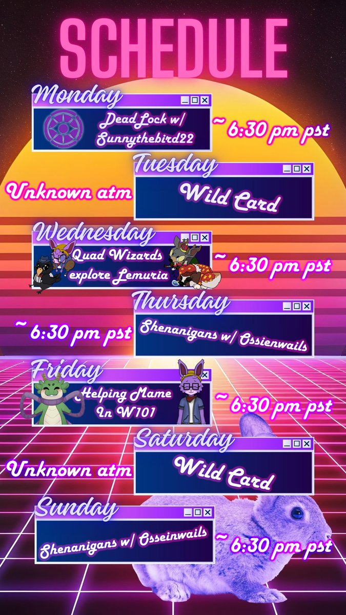 new streaming schedule for the week yay starting off with more newbie deadlock tonight with my friend sunnythebird22 on twitch