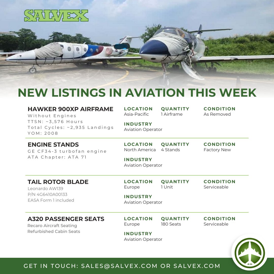 aviation_ai's tweet photo. New aviation inventory is now available through Salvex.  If you’re sourcing airframes, components, or support equipment, reach out to our team for details, photos, and commercial terms.

#Aviation #Aerospace #MRO #AircraftParts #AviationSupplyChain #Salvex https://t.co/lBTA0QEQD6