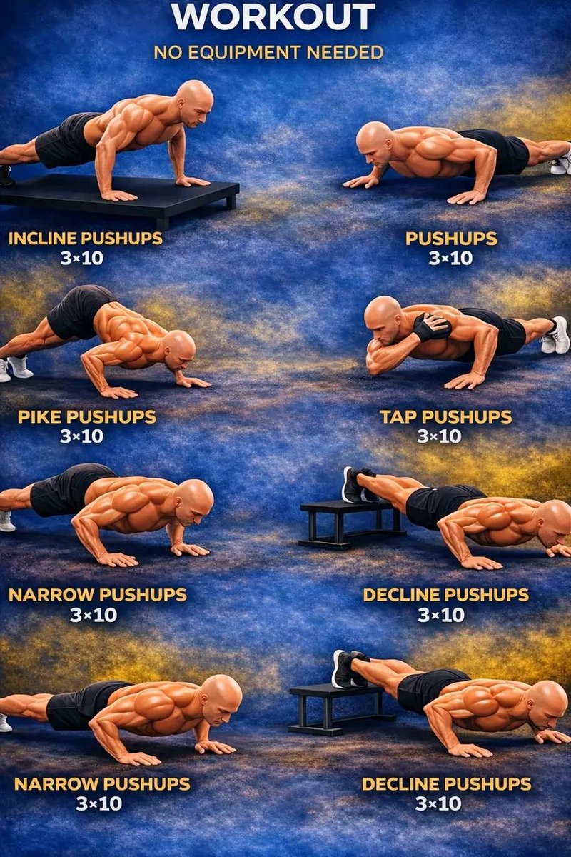 Ultimate No-Equipment Chest Workout at Home
Build a strong, defined chest using just your bodyweight - no gym, no excuses.
Effective Chest Exercises (3x10 each):
• Incline Push-Ups
• Standard Push-Ups
• Pike Push-Ups
• Tap Push-Ups
• Narrow (Close-Grip) Push-Ups