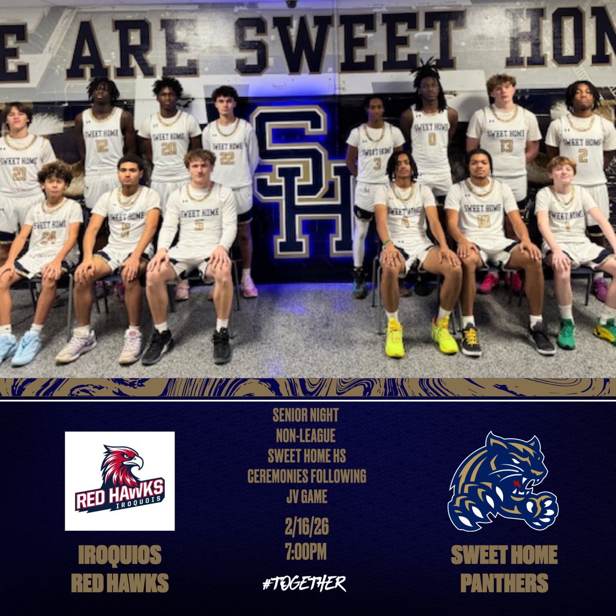 🚨Game Day Panther Nation🚨
                  🚨Senior Night🚨

@Irqsketball make the trip for a Non-League match up.  
#Together
<a href="/SHCSDAthletics/">Sweet Home Athletics</a> <a href="/SHSCentral/">SH Sports Central</a>  <a href="/PitSweethome/">Sweethome Panther Pit</a>  <a href="/SweetHomeCSD/">Sweet Home Central School District</a> 
📍Sweet Home HS  
🕔 JV 5:00p
🕖 Var 7:00p
📺<a href="/WNYAthletics/">WNY Athletics</a>